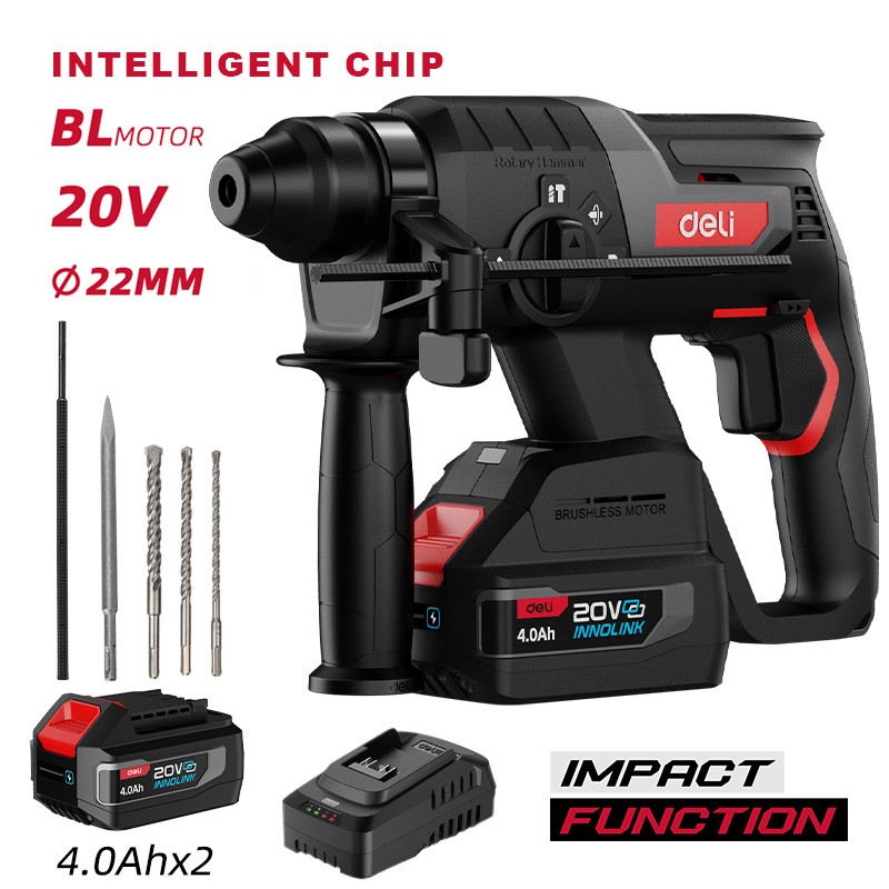 DELI κρουστικό σκαπτικό μπαταρίας DE-DC20-2D4, Brushless, 20V, 2x 4Ah, 2J