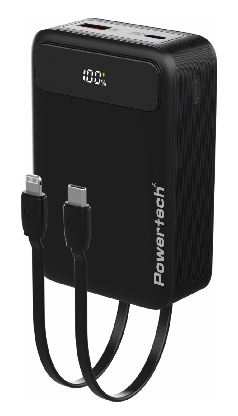 POWERTECH power bank PT-1504 με καλώδια & οθόνη, 20000mah, 22.5W, μαύρο