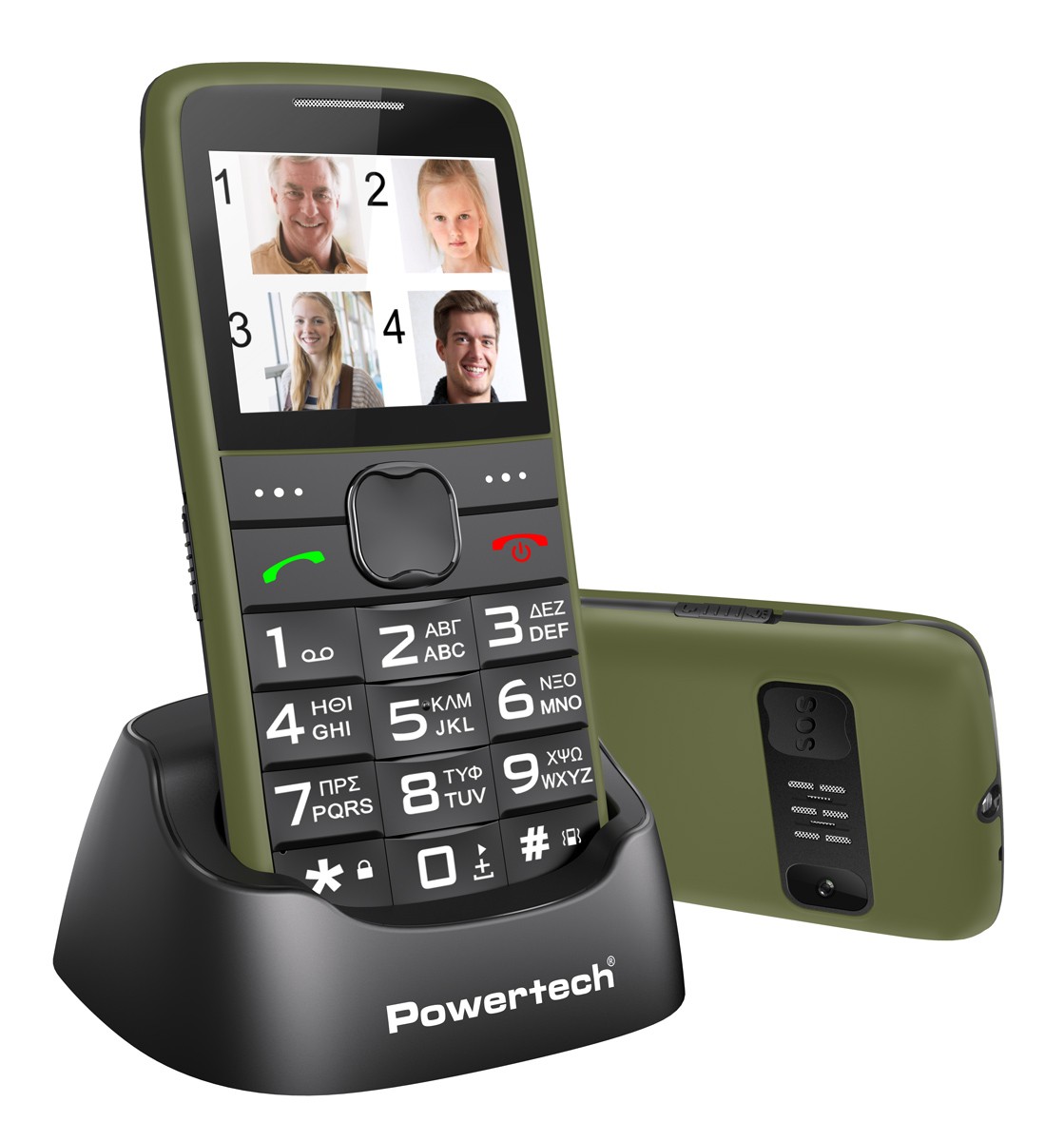 POWERTECH κινητό τηλέφωνο Sentry Eco V2, dual SIM, πλήκτρο SOS, χακί