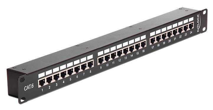 DELOCK patch panel 43295, 19"/1U, CAT 6, 24x coupler RJ45 ports, μαύρο