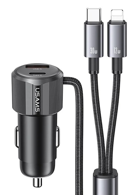 USAMS φορτιστής αυτοκινήτου CC287 με 2 σε 1 καλώδιο, USB/USB-C θύρες, 66W, μαύρος
