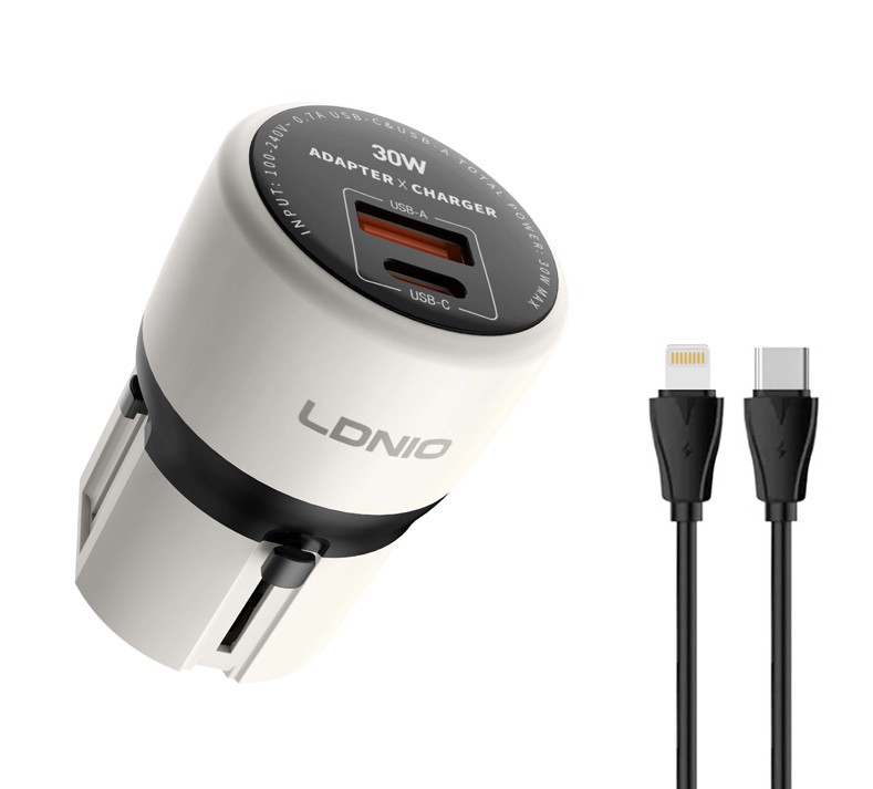 LDNIO φορτιστής τοίχου Q2319 με καλώδιο Lightning, EU/UK/US/AU βύσμα, USB/USB-C, 30W, γκρι