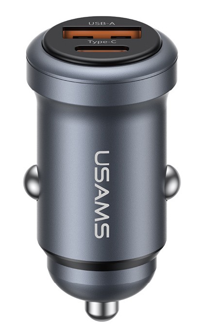 USAMS φορτιστής αυτοκινήτου CC322, USB & USB-C, 30W, γκρι