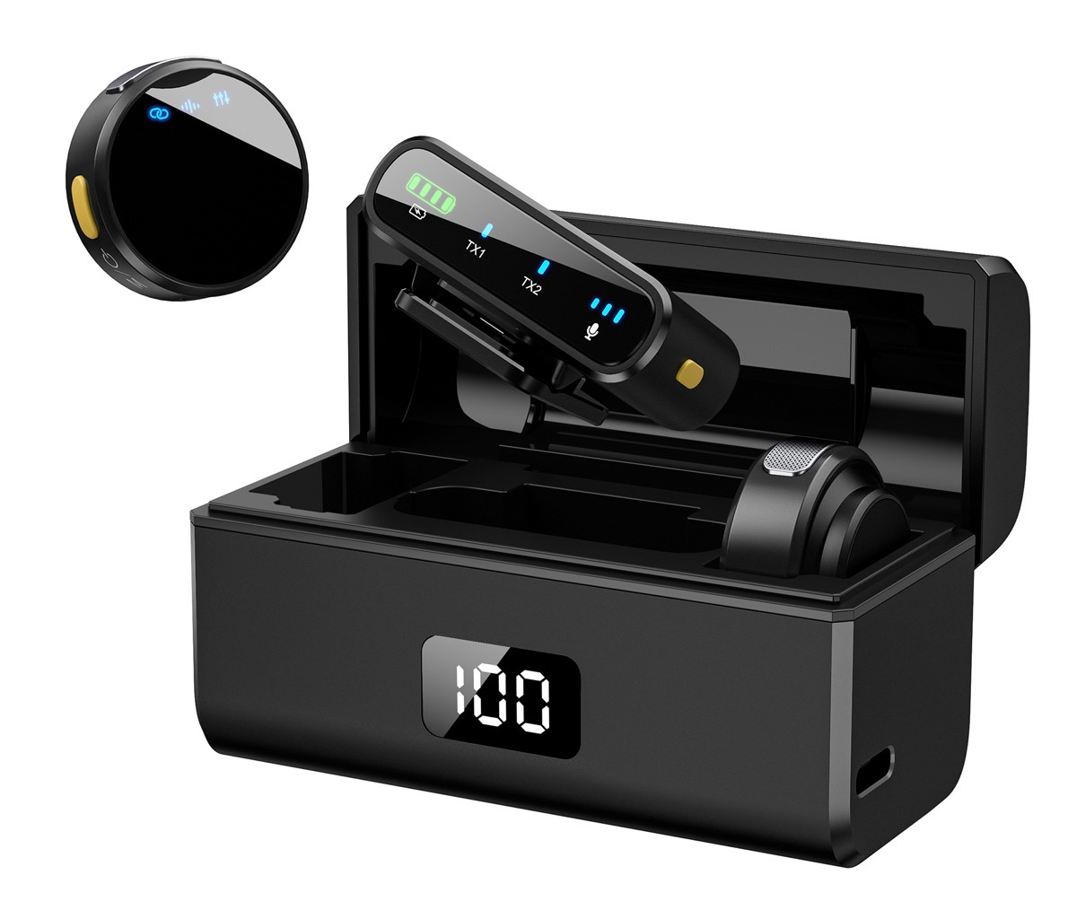 UPTECH ασύρματα μικρόφωνα UPW-M9MAX με θήκη φόρτισης, USB-C, 2.4GHz, μαύρο