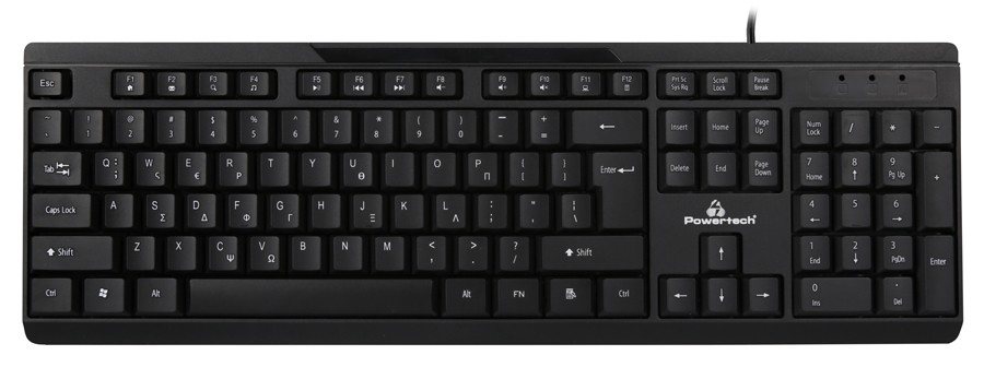 POWERTECH πληκτρολόγιο PT-1069, ενσύρματο, multimedia, EN/GR, μαύρο