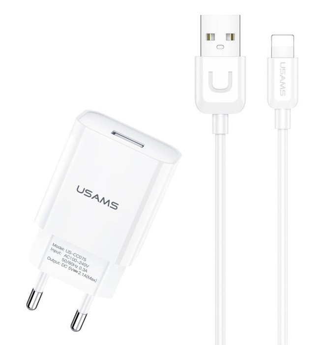 USAMS φορτιστής τοίχου T21OCLN01 με καλώδιο Lightning, USB 2.1A, λευκός