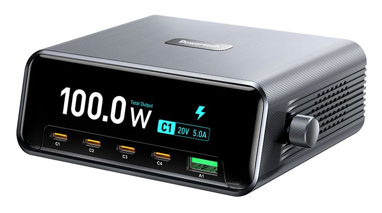 POWERTECH σταθμός φόρτισης PT-1622 με οθόνη, USB & 4x USB-C, GaN, 100W, ασημί