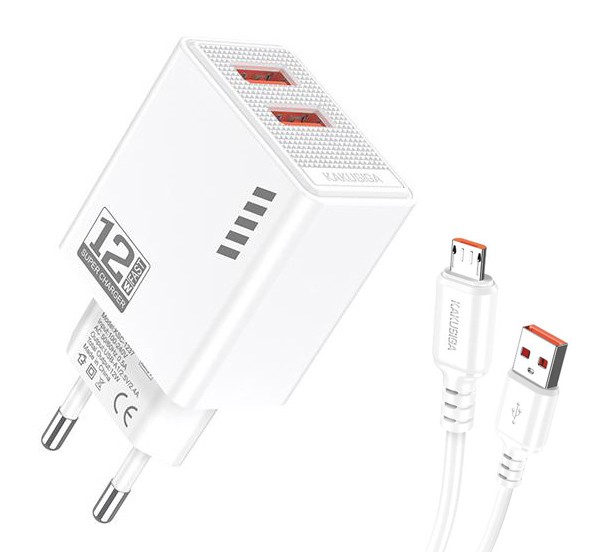 KAKUSIGA φορτιστής τοίχου KSC-1238 με καλώδιο micro USB, 2x USB, 12W, λευκός