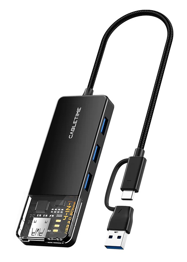 CABLETIME USB hub CT-HUBT3-PB, 4x θυρών, 5Gbps, USB/USB-C σύνδεση, μαύρο