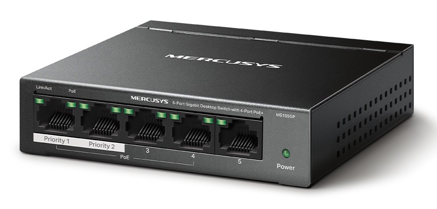 MERCUSYS Desktop Switch MS105GP, 5x 10/100/1000 Mbps, PoE+, V.3.0