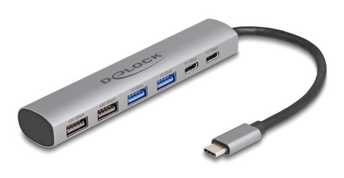 DELOCK USB hub 64232, 6x θυρών, 10Gbps, USB-C σύνδεση, γκρι