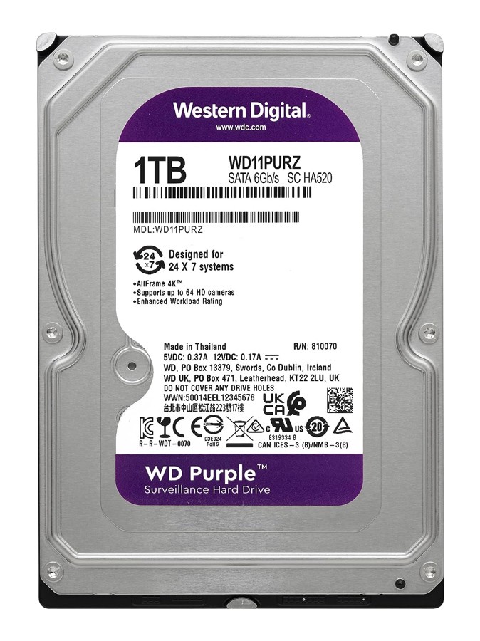 WD σκληρός δίσκος 3.5" Purple Surveillance 1TB, 256MB, 5400RPM, SATA III