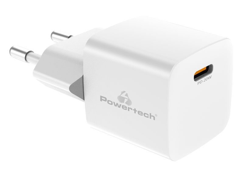 POWERTECH σούπερ μίνι φορτιστής τοίχου PT-1223, USB-C, 20W, λευκός