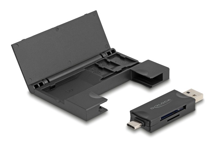 DELOCK card reader 91014 για SD & micro SD, με θήκη, USB/USB-C, 5Gbps, μαύρο