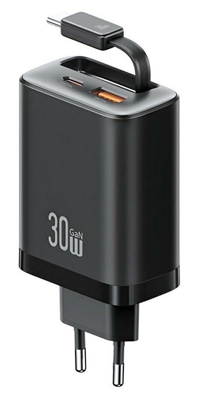 USAMS φορτιστής τοίχου CC296 με καλώδιο, USB & USB-C, 30W, μαύρος