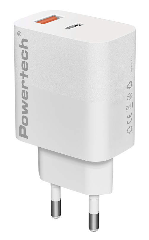 POWERTECH φορτιστής τοίχου PT-1433, USB/USB-C, 30W, GaN, λευκός