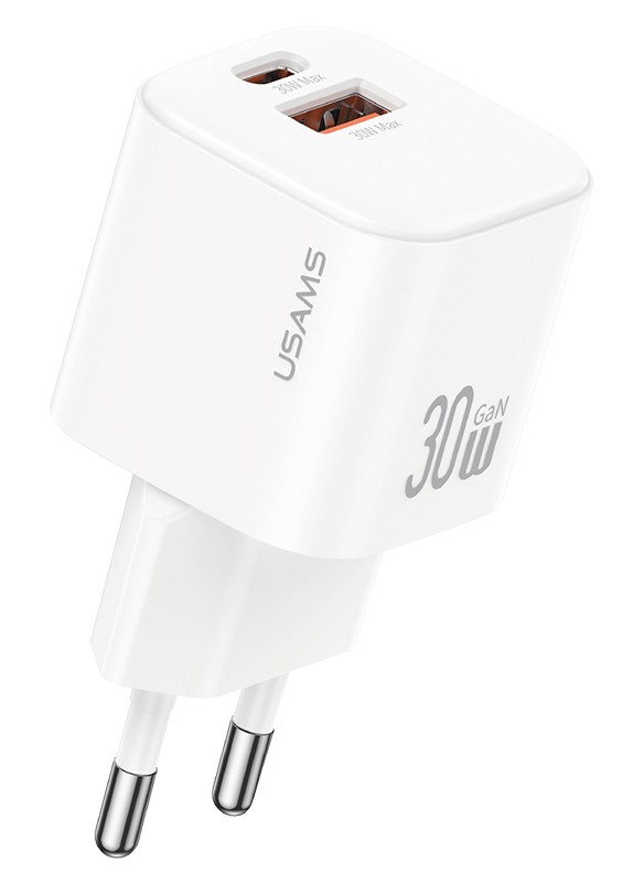 USAMS φορτιστής τοίχου CC263, USB & USB-C, 30W, GaN, λευκός