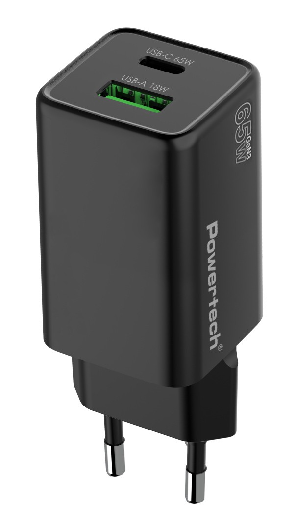 POWERTECH φορτιστής τοίχου PT-1501, USB/USB-C, 65W, GaN, μαύρος