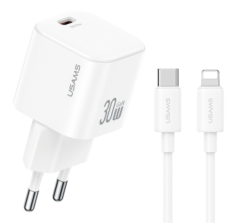 USAMS φορτιστής τοίχου CC262 με καλώδιο Lightning, 30W, GaN, λευκός