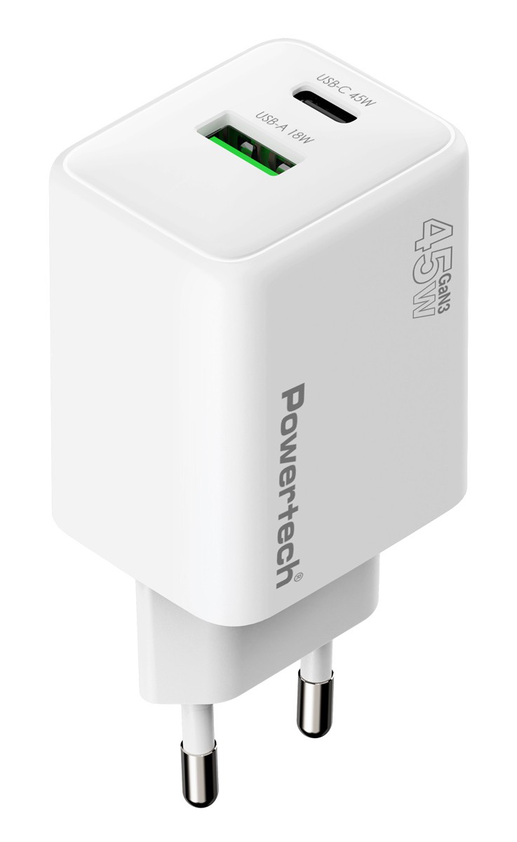 POWERTECH φορτιστής τοίχου PT-1551, USB/USB-C, 45W, GaN, AVS, λευκός