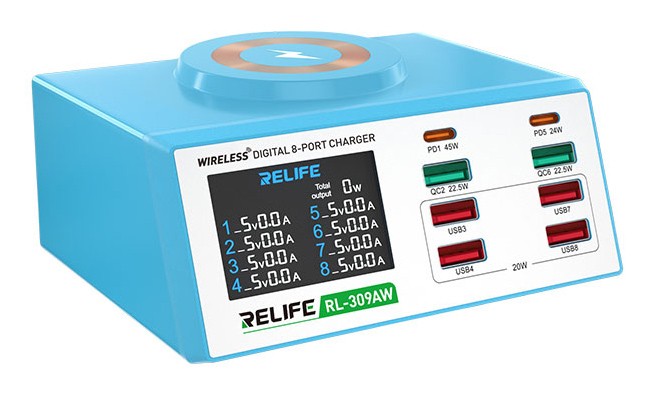 RELIFE σταθμός φόρτισης RL-309AW, 6x USB/2x USB-C/wireless, 100W, λευκός