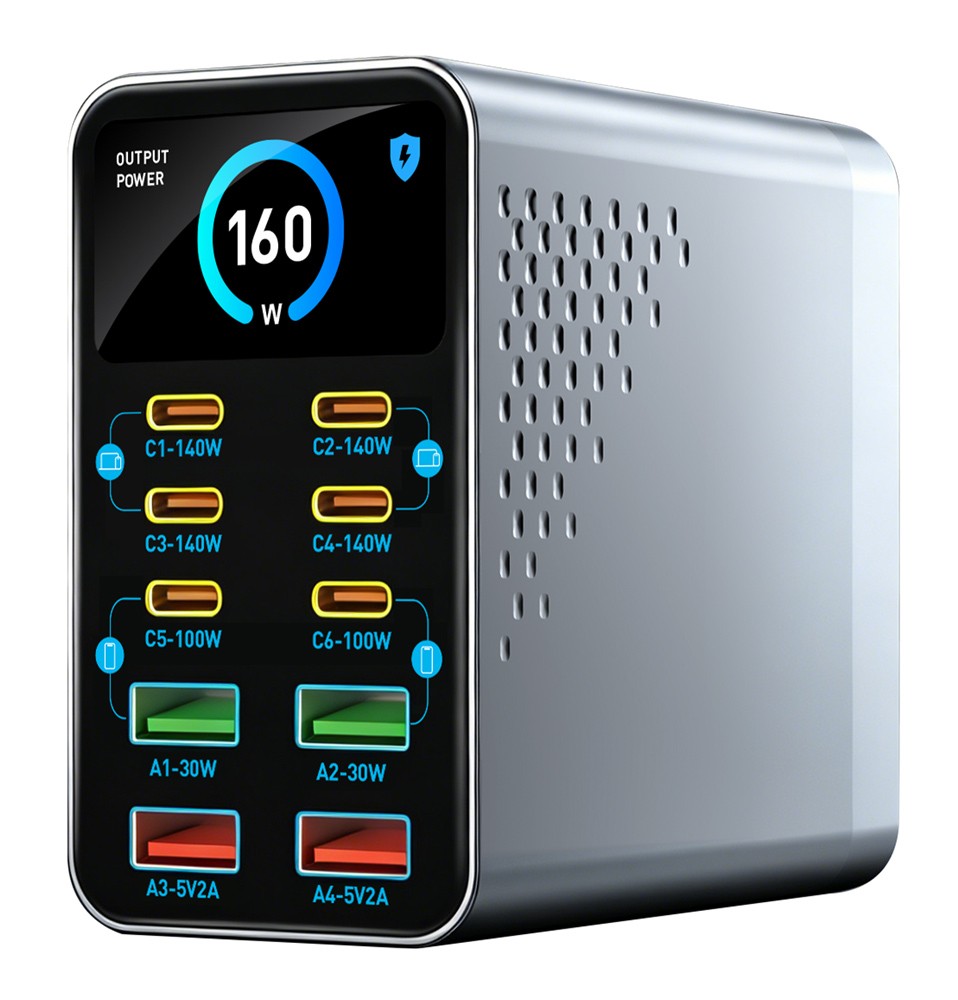 POWERTECH σταθμός φόρτισης PT-1687, 4x USB & 6x USB-C, GaN, 165W, γκρι