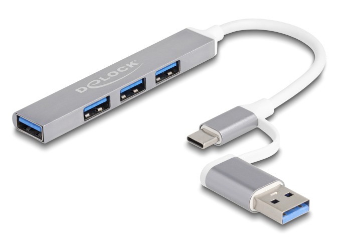 DELOCK USB hub 64214, 4x θυρών, 5Gbps, USB & USB-C σύνδεση, γκρι