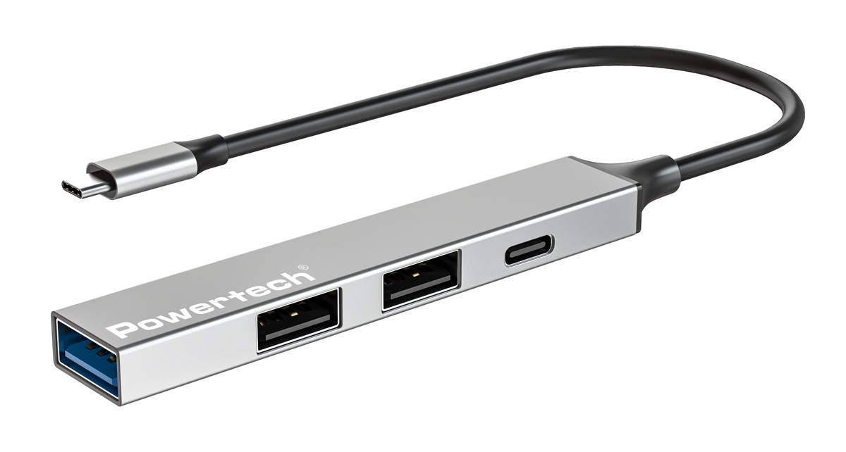 POWERTECH USB hub PT-1412, 4x θυρών, USB 3.2, 5Gbps, USB-C σύνδεση, γκρι