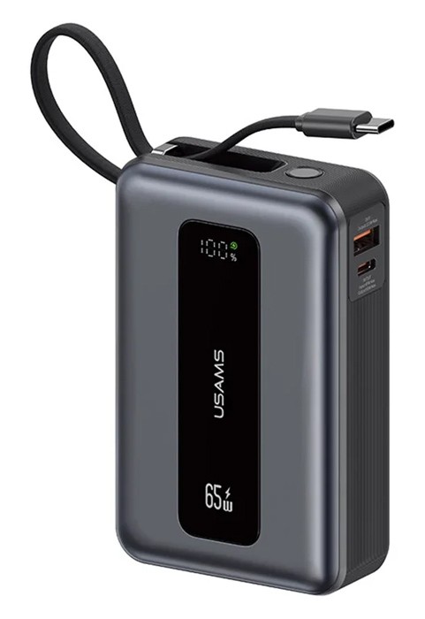 USAMS power bank CD243 με καλώδιο USB-C, 2x θύρες εξόδου, 20000mAh, 65W, γκρι