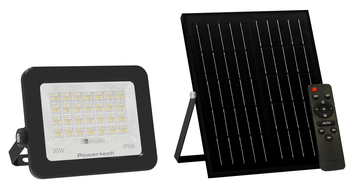 POWERTECH LED ηλιακός προβολέας PT-1461 με τηλεχειριστήριο, 30W, 4000K, 400lm, IP66