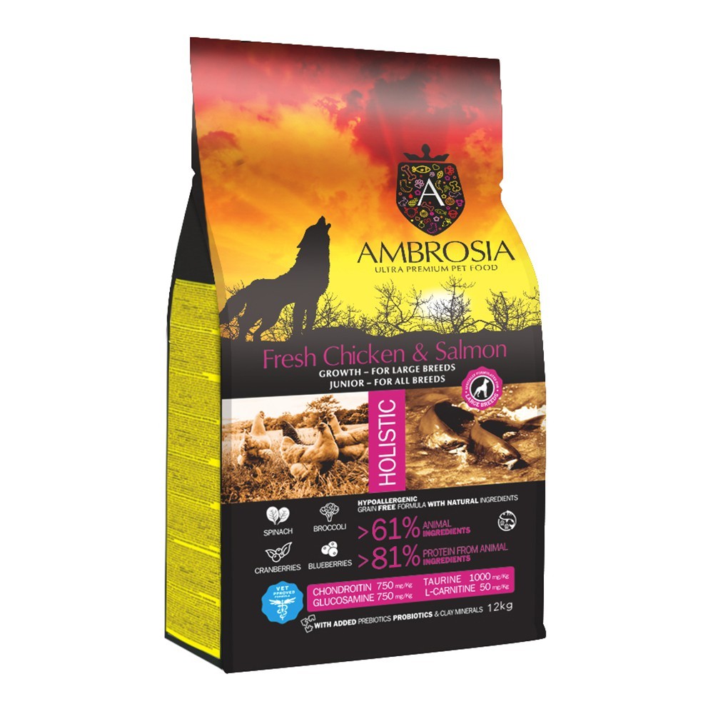 Ambrosia PUPPY LARGE ξηρά τροφή για κουτάβια μεγαλόσωμων φυλών με Κοτόπουλο και σολομό (grain free) 12kg