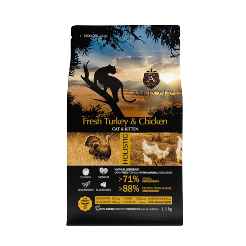 Ambrosia Grain Free Kitten ξηρά τροφή για γατάκια και νεαρές γάτες με φρέσκια γαλοπούλα & κοτόπουλο 1,5kg