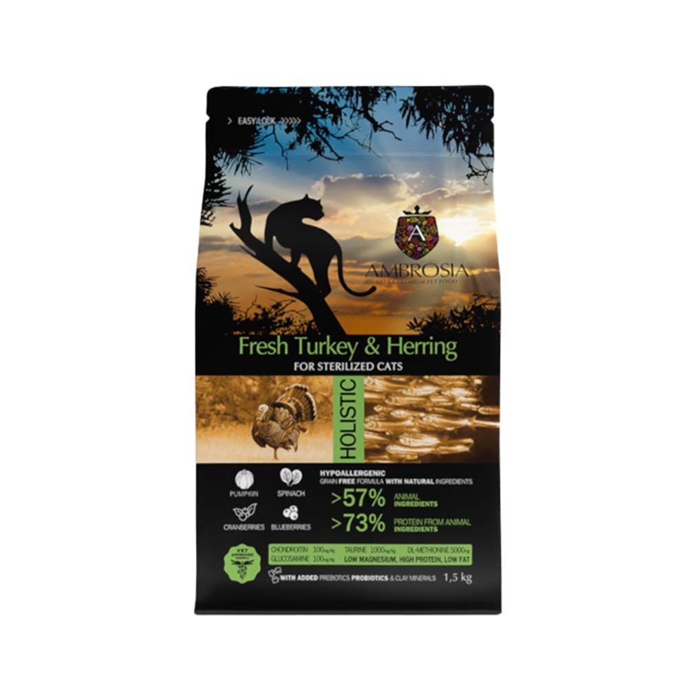 Ambrosia Grain Free Cat Adult Sterilized ξηρά τροφή για στειρωμένες γάτες με φρέσκια γαλοπούλα και ρέγγα 1,5kgr