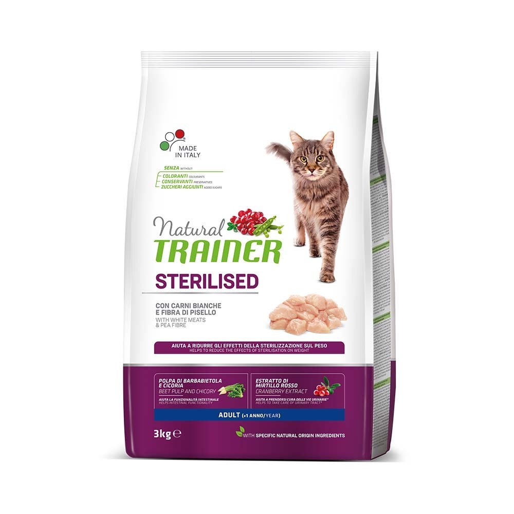 NATURAL TRAINER CAT ADULT STERILISED Ξηρά τροφή για ενήλικες στειρωμένες γάτες με λευκά κρέατα 3kg