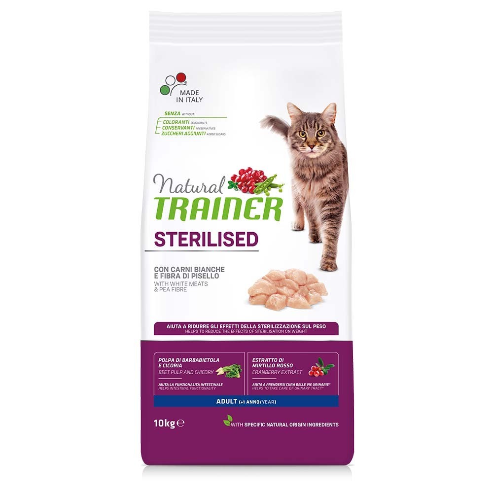 NATURAL TRAINER CAT ADULT STERILISED Ξηρά τροφή για ενήλικες στειρωμένες γάτες με λευκά κρέατα 10kg