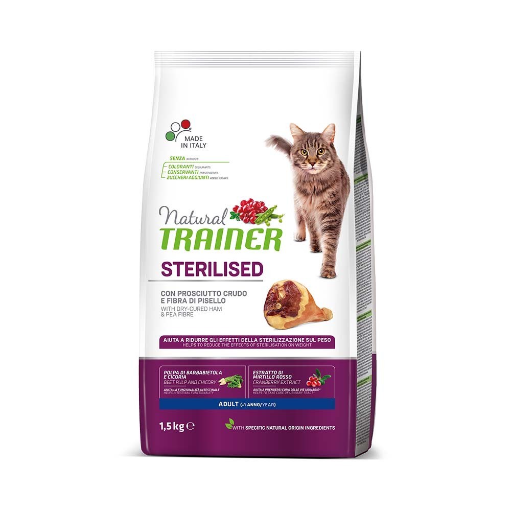 NATURAL TRAINER CAT ADULT STERILISED Ξηρά τροφή για ενήλικες στειρωμένες γάτες με Προσούτο 1,5kg