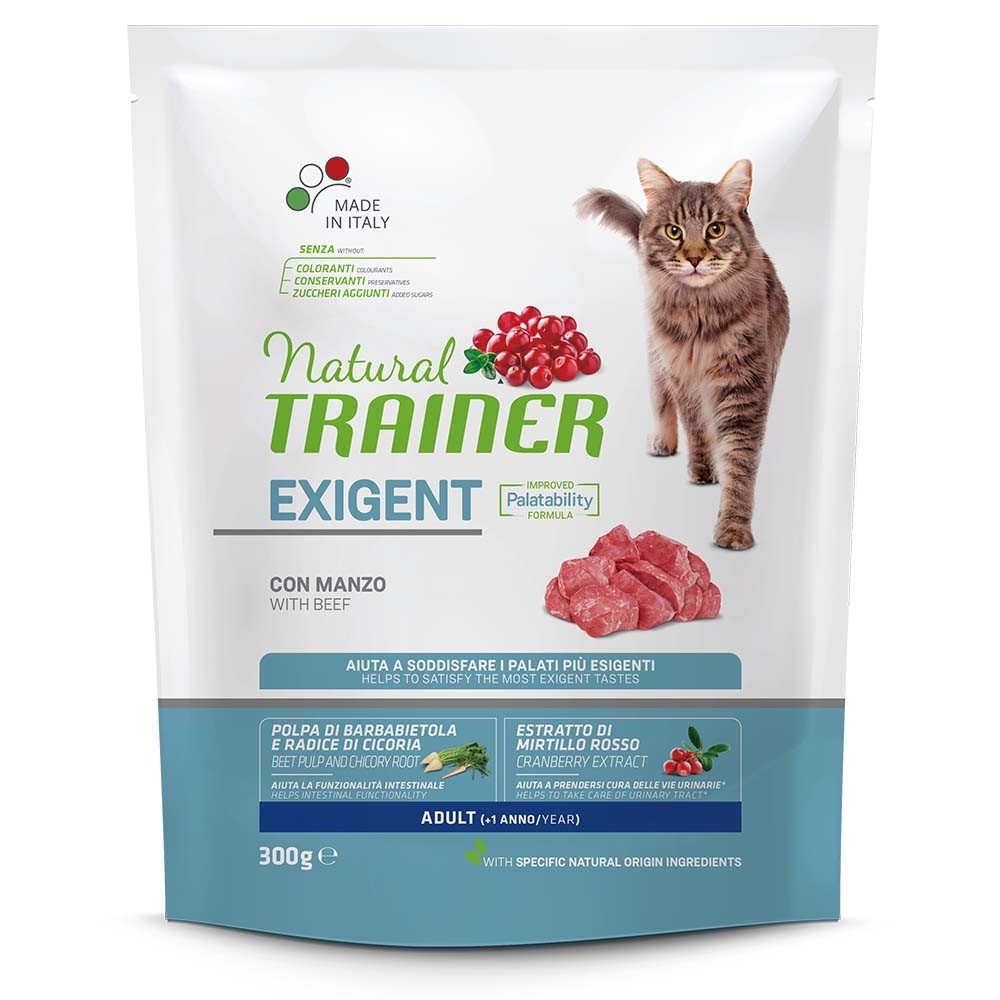 NATURAL TRAINER CAT EXIGENT Ξηρά τροφή για ενήλικες γάτες με ιδιαίτερες γευστικές απαιτήσεις, με Βοδινό και Κοτόπουλο 300gr