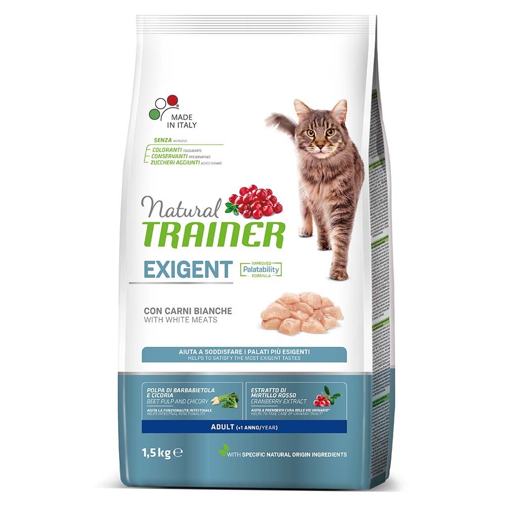 NATURAL TRAINER CAT EXIGENT Ξηρά τροφή για ενήλικες γάτες με ιδιαίτερες γευστικές απαιτήσεις, με Λευκά Κρέατα 1,5kg