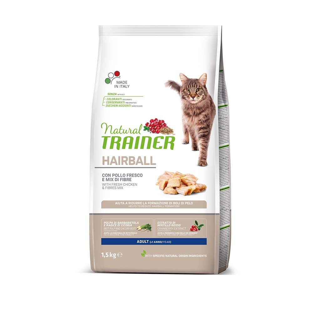 NATURAL TRAINER CAT HAIRBALL Ξηρά τροφή για ενήλικες γάτες με τάση στον σχηματισμό τριχόμπαλας, με Κοτόπουλο 1,5kg