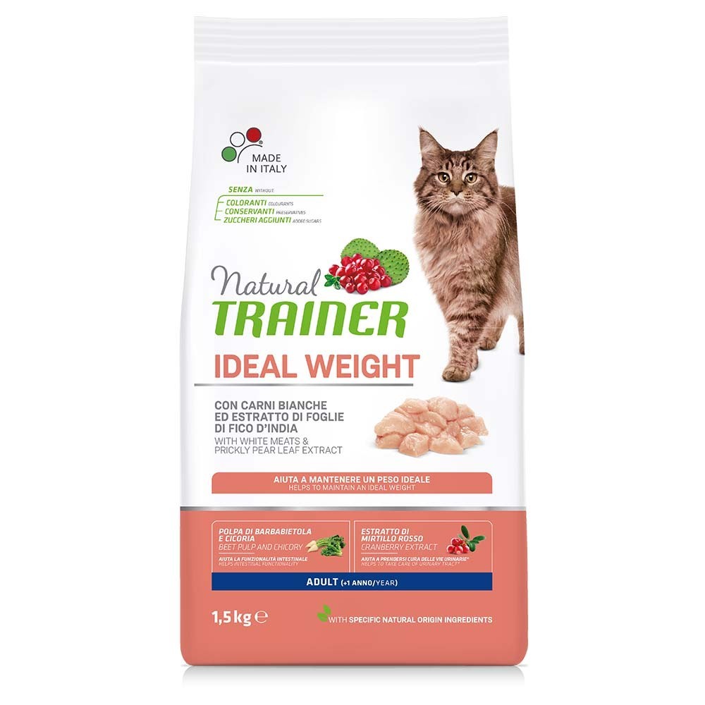 NATURAL TRAINER CAT IDEAL WEIGHT Πλήρης και ισορροπημένη ξηρά τροφή για ενήλικες γάτες άνω του 1 έτους με τάση για παχυσαρκία, με Λευκά Κρέατα 1,5kg