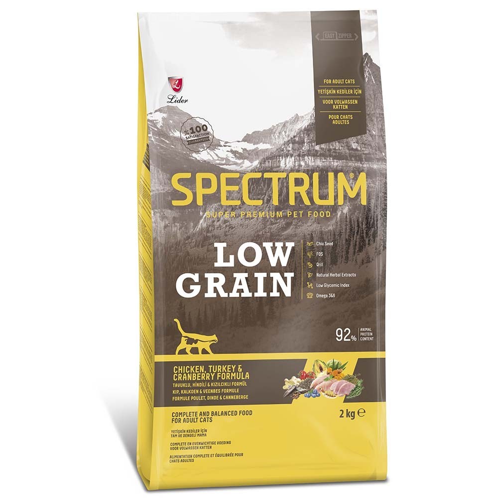 SPECTRUM LOW GRAIN CAT ADULT CHICKEN, TURKEY & CRANBERRY Ξηρά τροφή για ενήλικες γάτες, με κοτόπουλο, γαλοπούλα & κράνμπερι 2kg