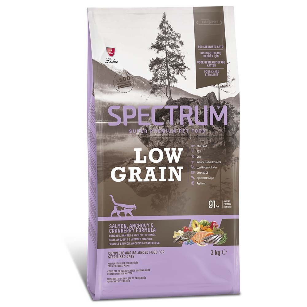 SPECTRUM LOW GRAIN CAT STERILISED SALMON, ANCHOVY & CRANBERRY Ξηρά τροφή για ενήλικες και στειρωμένες γάτες, με σολομό, γαύρο & βατόμουρο 2kg