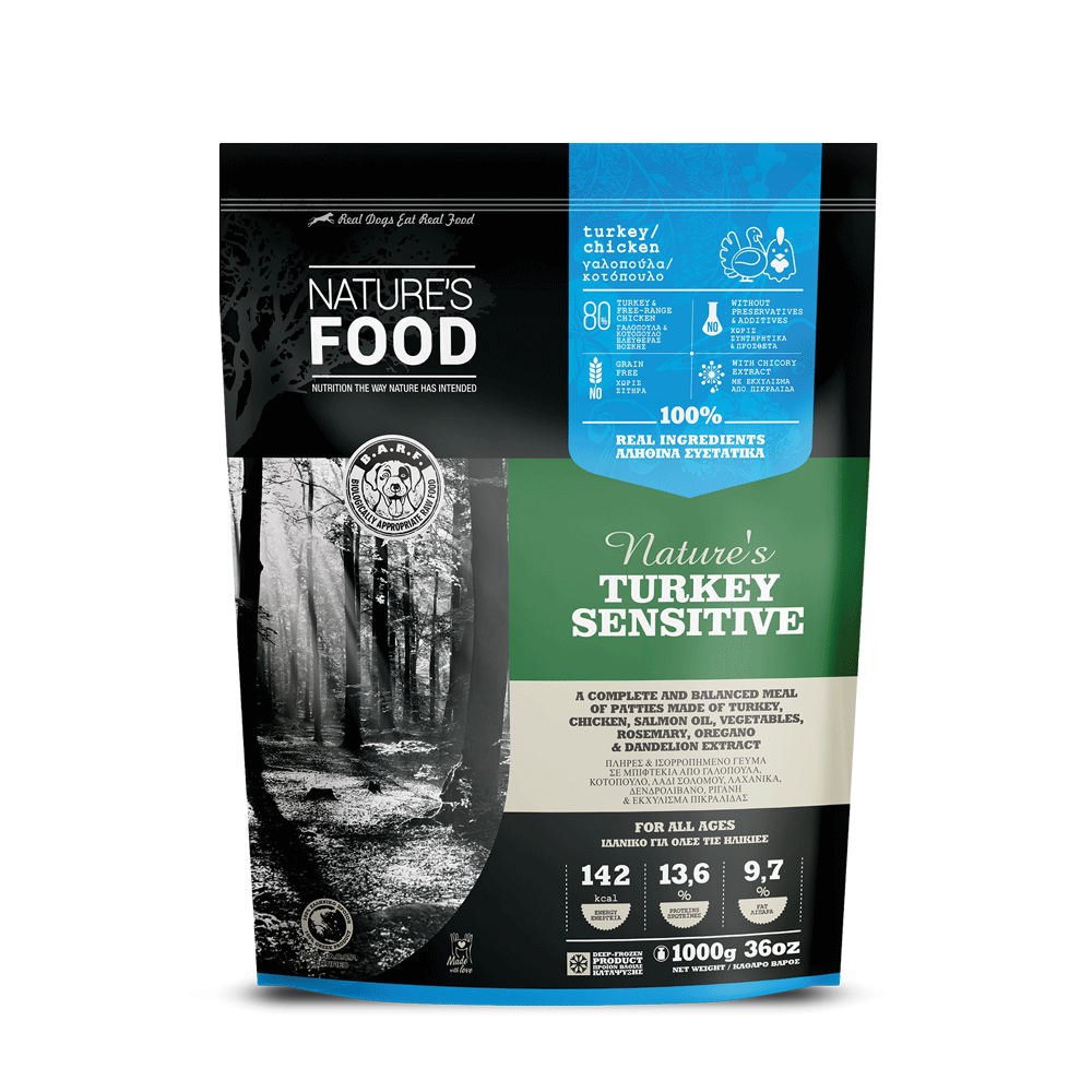 NATURE'S FOOD TURKEY SENSITIVE (PATTIES BAG) Πλήρες και ολοκληρωμένο κατεψυγμένο γεύμα με Γαλοπούλα και Κοτόπουλο 1kg