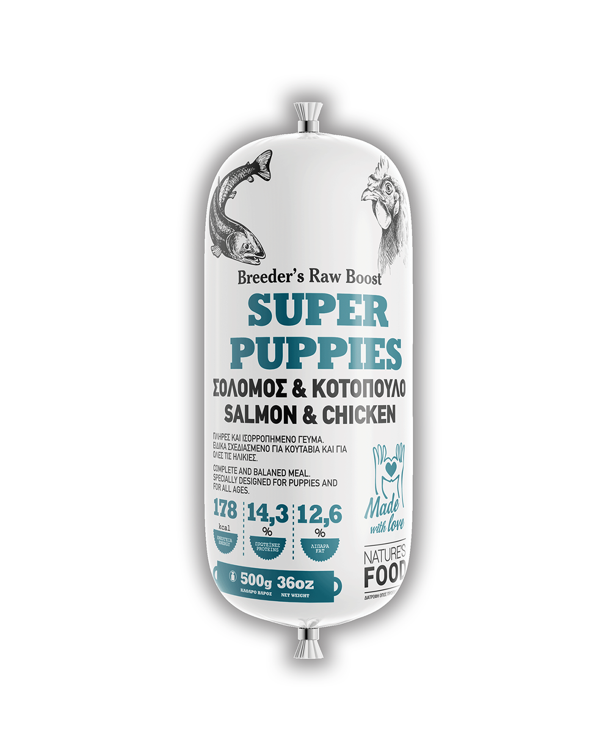 NATURE'S FOOD SUPER PUPPIES (SALAMI) Πλήρες και ολοκληρωμένο κατεψυγμένο γεύμα με Κοτόπουλο 1kg