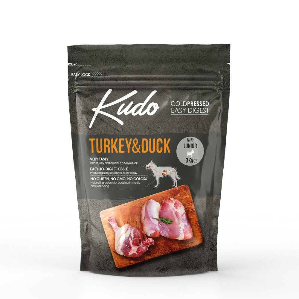 KUDO JUNIOR MINI TURKEY & DUCK Cold pressed τροφή ανάπτυξης με Γαλοπούλα & Πάπια για κουτάβια μικρόσωμων φυλών έως 12 μηνών  3kg