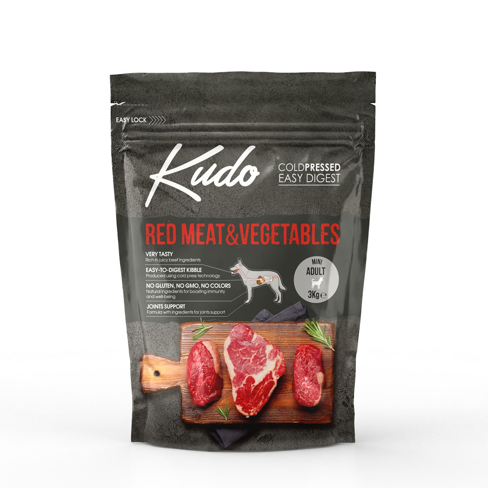 KUDO ADULT MINI RED MEAT & VEGETABLES Cold pressed τροφή με κόκκινα κρέατα, Μοσχάρι & Χοιρινό ιδανική για δραστήριους ενήλικους σκύλους μικρόσωμων φυλών  3kg