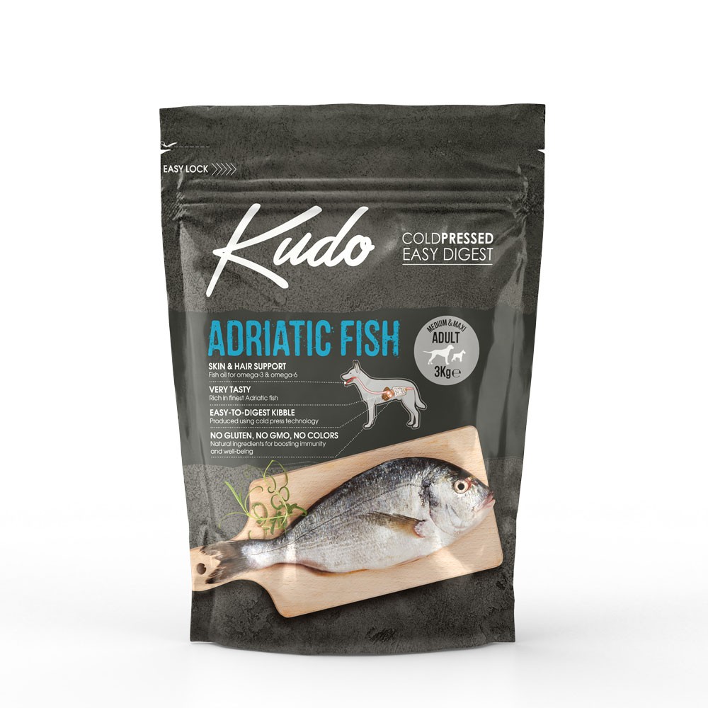 KUDO ADULT MEDIUM & MAXI ADRIATIC FISH Μονοπρωτεϊνική cold pressed τροφή με φρέσκα Ψάρια Αδριατικής για ενήλικους σκύλους μεσαίων και μεγαλόσωμων φυλών  3kg