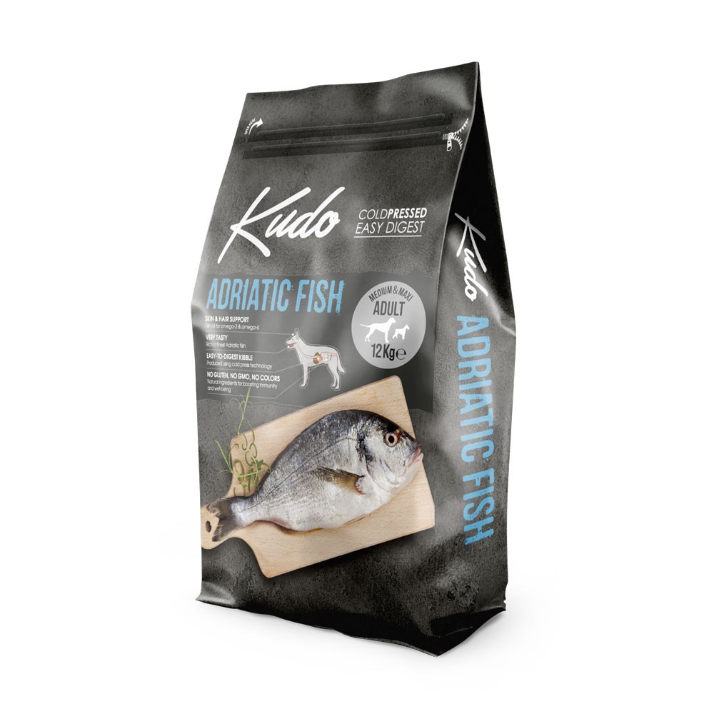 KUDO ADULT MEDIUM & MAXI ADRIATIC FISH Μονοπρωτεϊνική cold pressed τροφή με φρέσκα Ψάρια Αδριατικής για ενήλικους σκύλους μεσαίων και μεγαλόσωμων φυλών  12kg