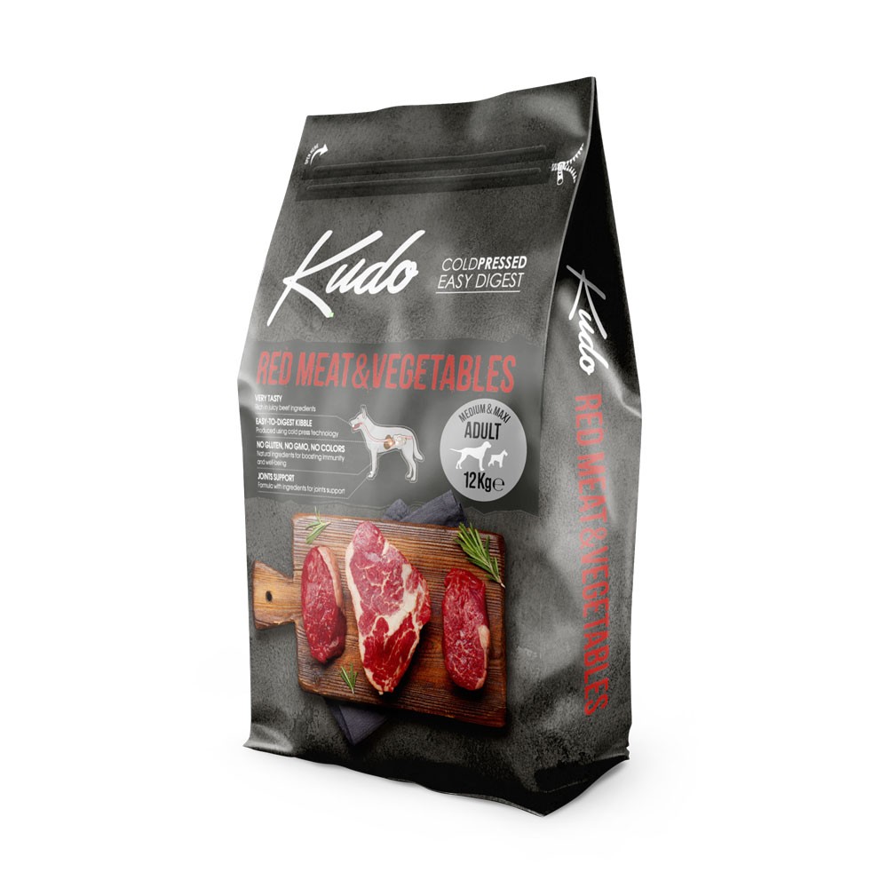 KUDO ADULT MEDIUM & MAXI RED MEAT & VEGETABLES Cold pressed τροφή με κόκκινα κρέατα, Μοσχάρι & Χοιρινό ιδανική για δραστήριους ενήλικους σκύλους μεσαίων και μεγαλόσωμων φυλών  12kg