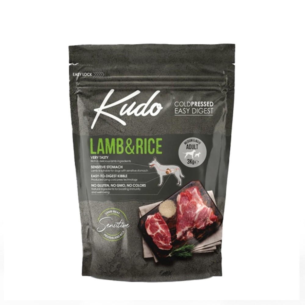 KUDO ADULT MEDIUM & MAXI LAMB & RICE Μονοπρωτεϊνική Cold pressed τροφή με Αρνί, ρύζι ιδανική για ενήλικους σκύλους μεσαίων και μεγαλόσωμων φυλών με διατροφικές ευαισθησίες  3kg